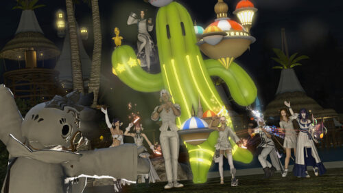 Group of Friends Celebrating in Final Fantasy XIV World 4K Desktop Wallpaper