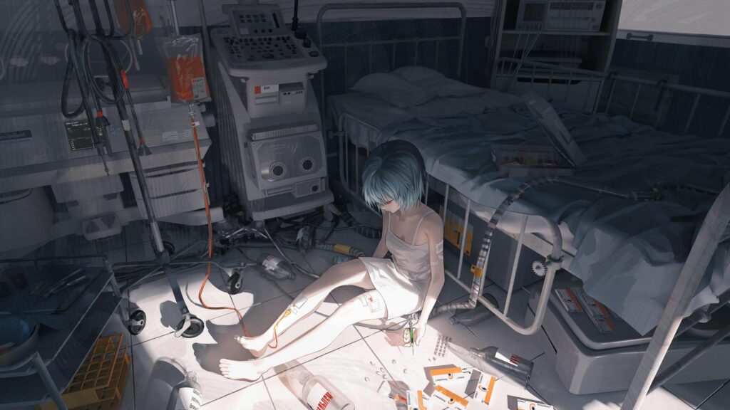 Anime Girl Sitting in a Somber Hospital Room 4K Desktop Wallpaper