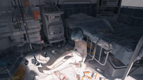 Anime Girl Sitting in a Somber Hospital Room 4K Desktop Wallpaper