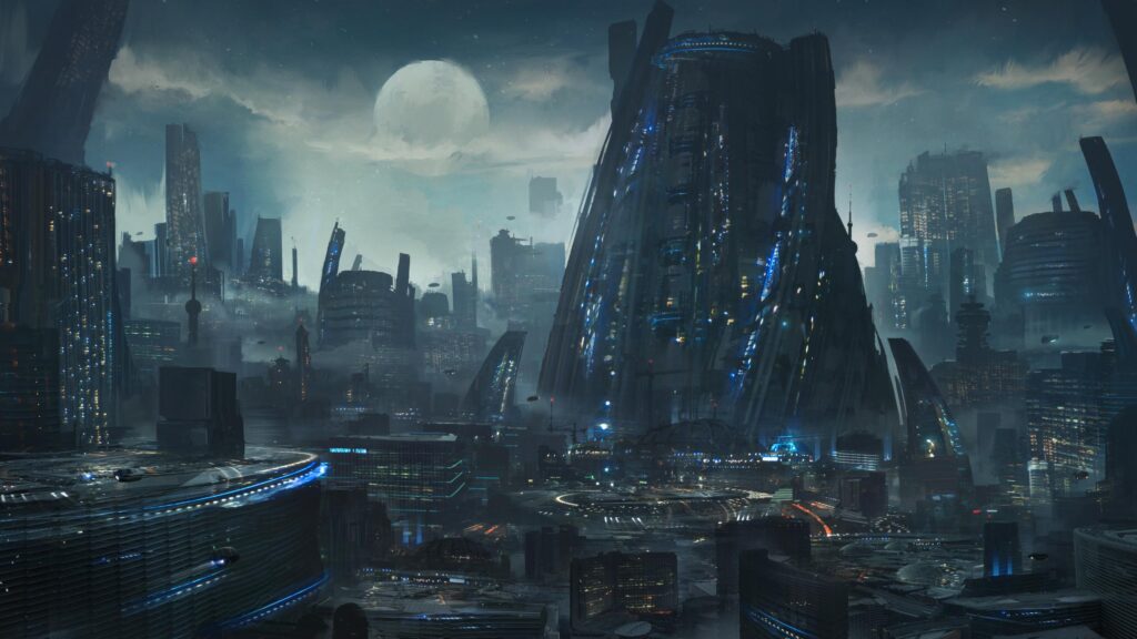 Futuristic Cyberpunk Mega City with Glowing Skyscrapers at Night 4K Wallpaper