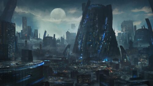 Futuristic Cyberpunk Mega City with Glowing Skyscrapers at Night 4K Wallpaper