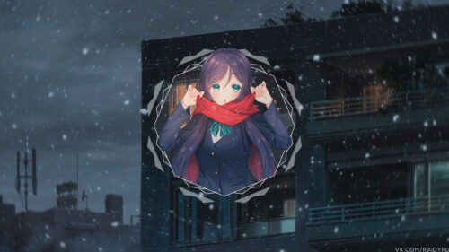 Anime Girl Wearing Red Scarf in Snowy Night City Desktop Wallpaper
