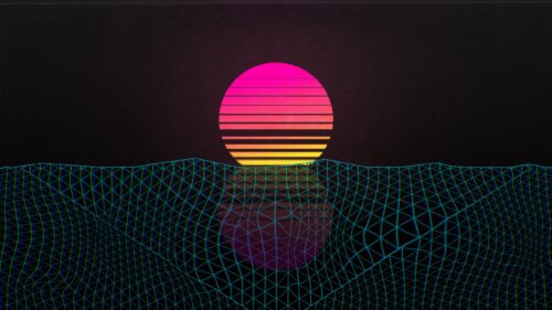 Retro Synthwave Sunset with Digital Wireframe Landscape Desktop Wallpaper