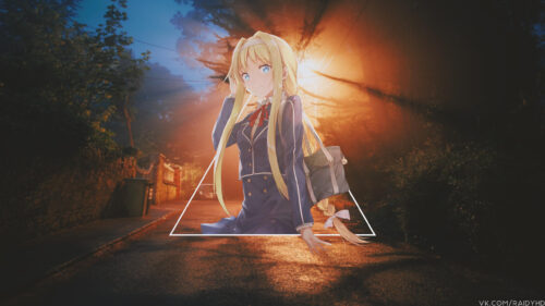 Anime School Girl with Blonde Hair in Sunset Street Setting 4K Desktop Wallpaper