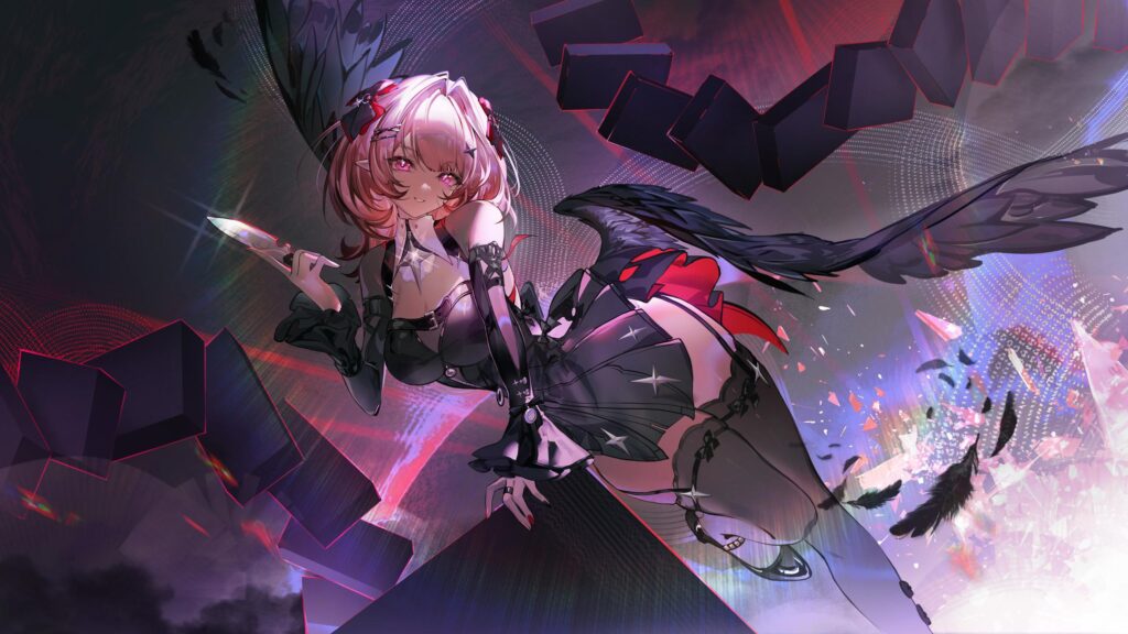 Anime Girl with Black Wings and Dagger Fantasy Aesthetic Desktop Wallpaper