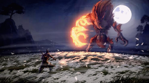 Epic Samurai Warrior Facing a Flaming Demon Beast Under the Full Moon Desktop Wallpaper