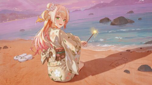 Anime Girl Wearing Kimono with Sparkler on Beach at Sunset 4K Desktop Wallpaper