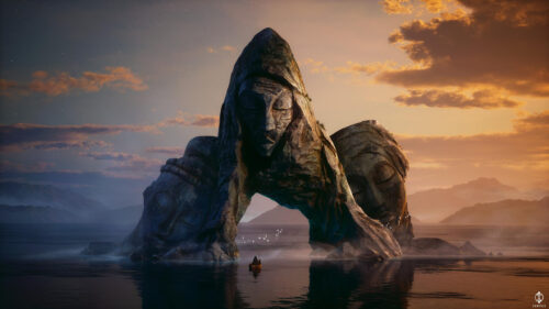 Mystical Giant Stone Statues at Sunset with Lone Voyager 4K Desktop Wallpaper