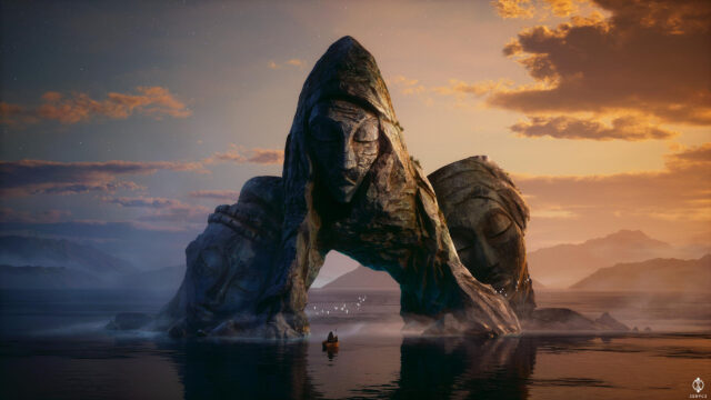 Mystical Giant Stone Statues at Sunset with Lone Voyager 4K Desktop Wallpaper