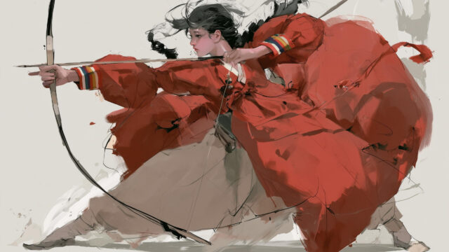 Digital Art Archer Woman in Traditional Red Hanbok 4K Desktop Wallpaper