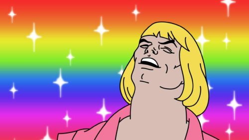 Fabulous He-Man Laughing Meme with Rainbow Background 4K Desktop Wallpaper