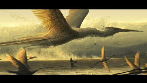 A Lone Traveler Watching Giant Cranes Taking Flight Over Water 4K Desktop Wallpaper