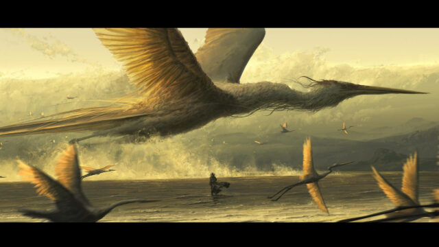 A Lone Traveler Watching Giant Cranes Taking Flight Over Water 4K Desktop Wallpaper