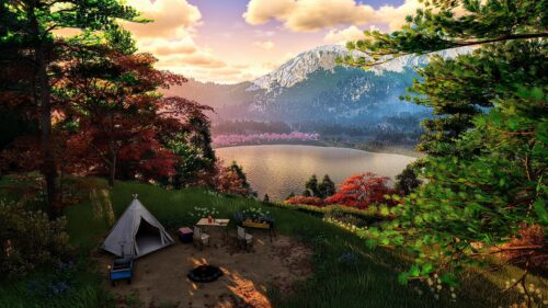 Serene Lakeside Camping Trip at Sunset Nature Scenery 4K Desktop Wallpaper