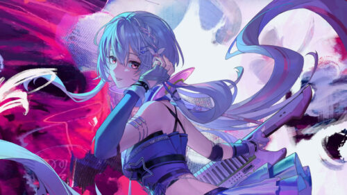 Anime Girl Playing Keytar in Vibrant Cyberpunk Style Desktop Wallpaper