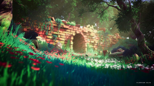 Enchanted Ruined Stone Bridge in Lush Forest Garden PC Wallpaper