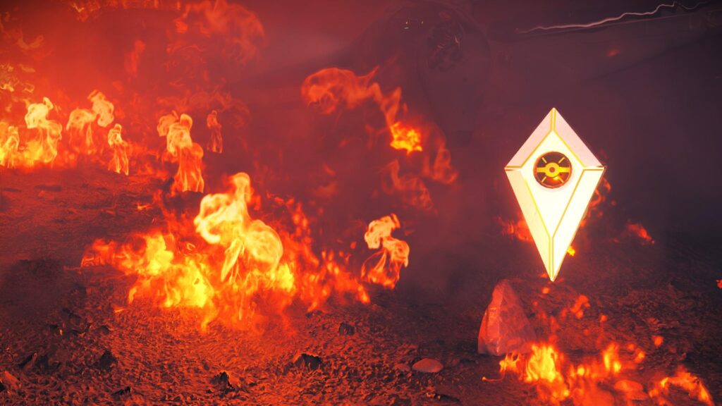 No Man's Sky Atlas Interface in Fiery Volcanic Landscape 4K Wallpaper