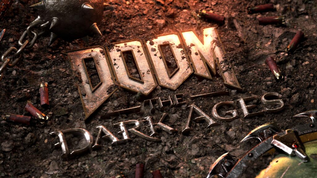 DOOM The Dark Ages Logo on Battlefield Ground 4K PC Wallpaper