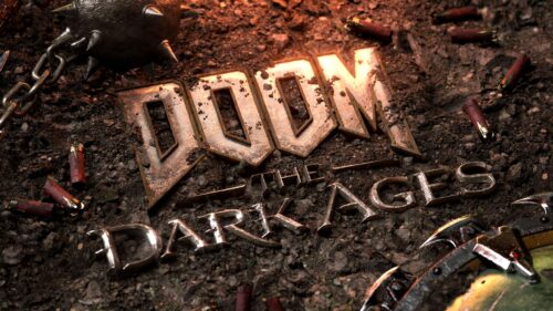 DOOM The Dark Ages Logo on Battlefield Ground 4K PC Wallpaper