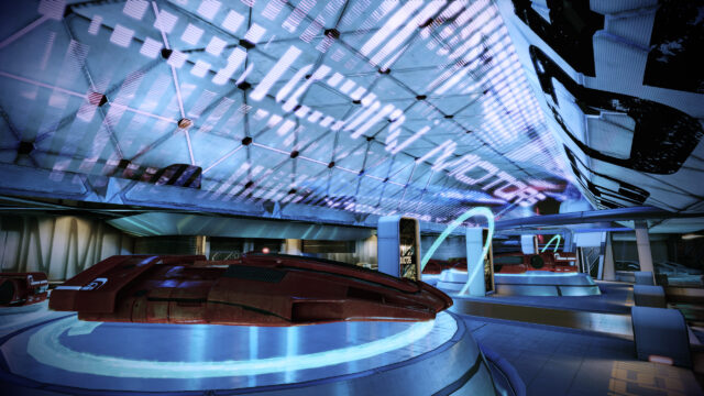 Futuristic Sci-Fi Car Showroom with Sleek Red Vehicles 4K PC Wallpaper
