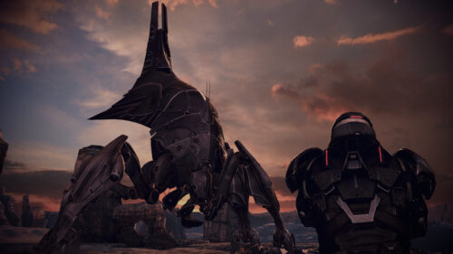 Mass Effect Commander Shepard Facing a Reaper Sovereign PC Wallpaper
