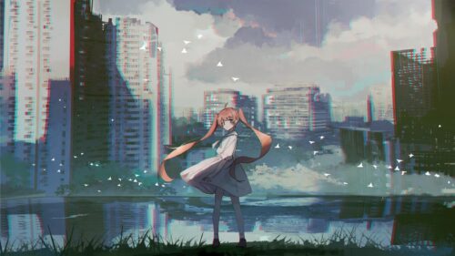 Anime Girl in Glitch Art Cityscape Desktop Wallpaper