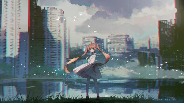 Anime Girl in Glitch Art Cityscape Desktop Wallpaper