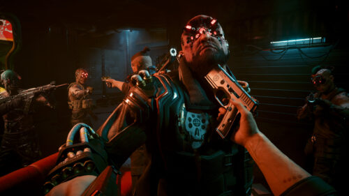 Cyberpunk 2077 Intense Standoff Scene High Resolution Desktop Wallpaper