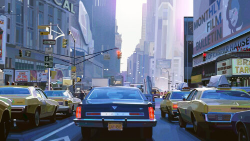 Vintage New York City Street Traffic 1970s Aesthetic PC Desktop Wallpaper