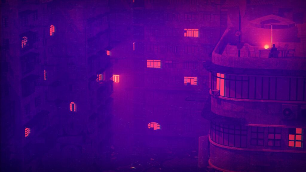 Lonely Figure on Rooftop in Neon Purple Cyberpunk City Desktop Wallpaper