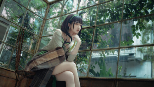 Stunning Anime Style Cosplay Portrait in a Lush Glass Greenhouse Desktop Wallpaper