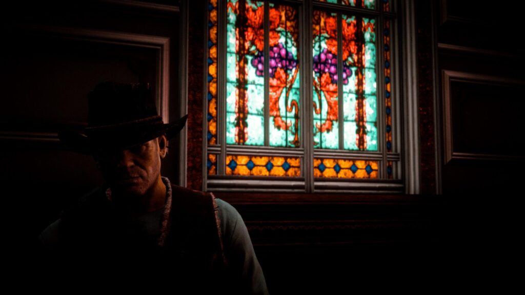 Arthur Morgan Silhouette by Stained Glass Window Red Dead Redemption 2 PC Wallpaper
