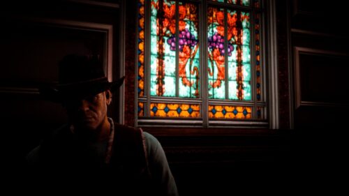 Arthur Morgan Silhouette by Stained Glass Window Red Dead Redemption 2 PC Wallpaper