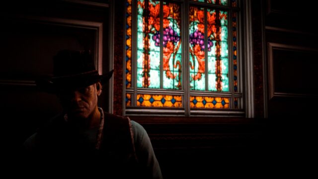 Arthur Morgan Silhouette by Stained Glass Window Red Dead Redemption 2 PC Wallpaper