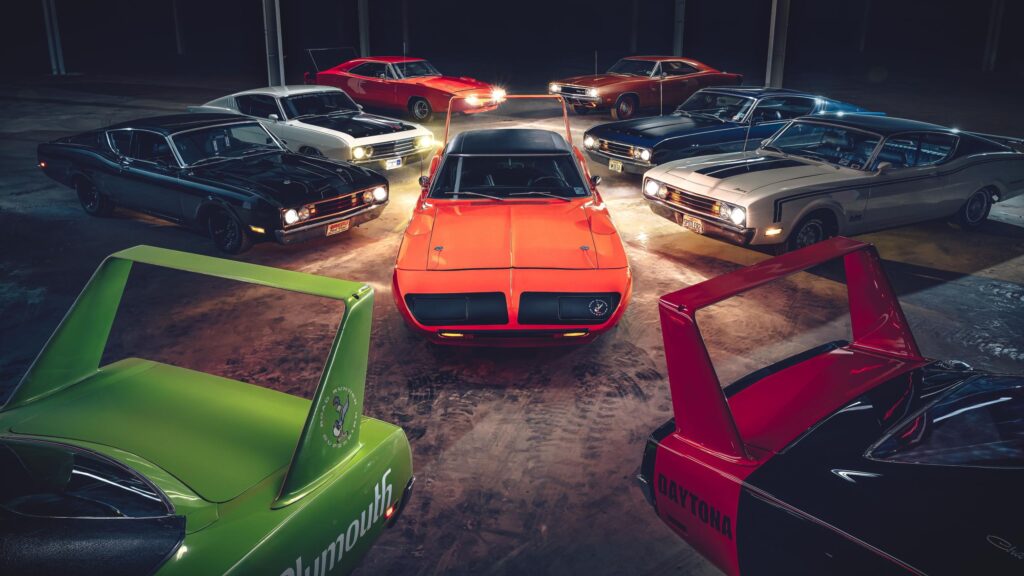 Classic American Muscle Cars Collection with Iconic Winged Mopars Desktop Wallpaper