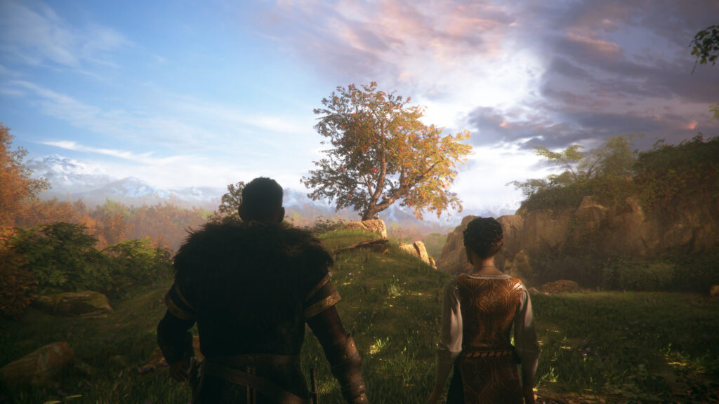 A Viking Warrior and Woman Overlooking a Scenic Autumn Landscape 4K Desktop Wallpaper
