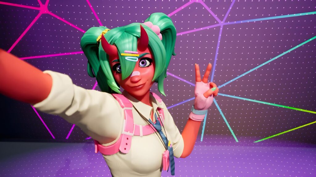 Stylized Anime Girl Selfie with Neon Geometric Background 4K Desktop Wallpaper