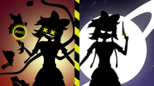 Cyn Murder Drones Dual Form Split Screen Silhouette 4K Desktop Wallpaper