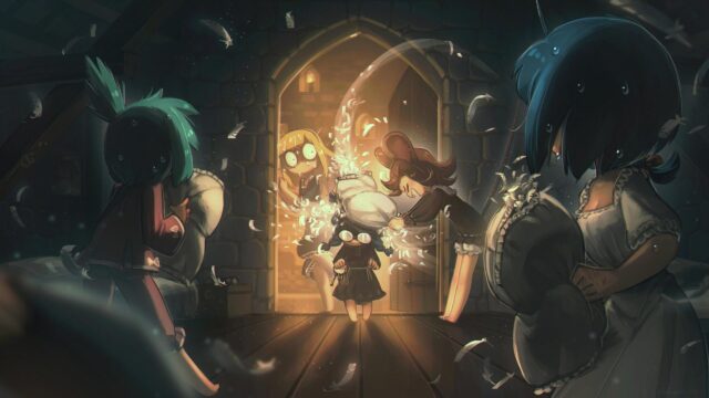Anime Girls Having a Playful Pillow Fight in a Dark Room Desktop Wallpaper