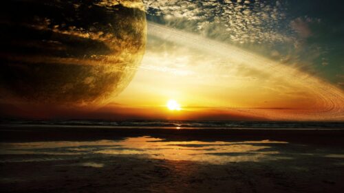 Stunning Golden Sunset with Massive Ringed Planet over Ocean Horizon 4K Wallpaper