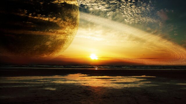 Stunning Golden Sunset with Massive Ringed Planet over Ocean Horizon 4K Wallpaper