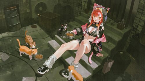 Anime Girl Feeding Stray Cats in Urban Alleyway Desktop Wallpaper