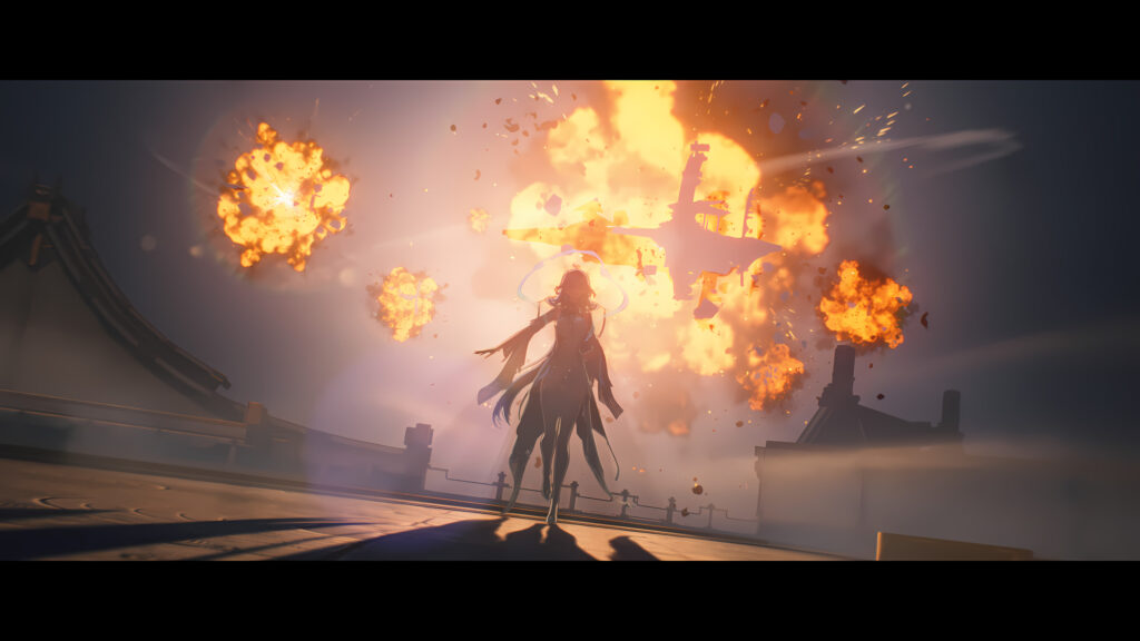 Stunning Anime Silhouette Standing Before a Fiery Explosion Desktop Wallpaper