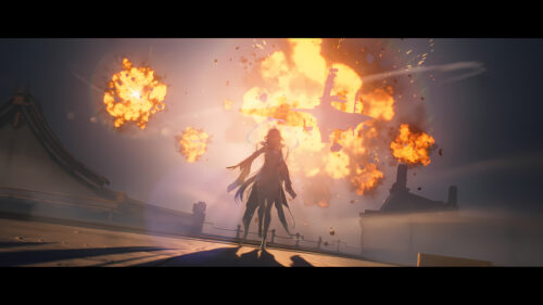 Stunning Anime Silhouette Standing Before a Fiery Explosion Desktop Wallpaper