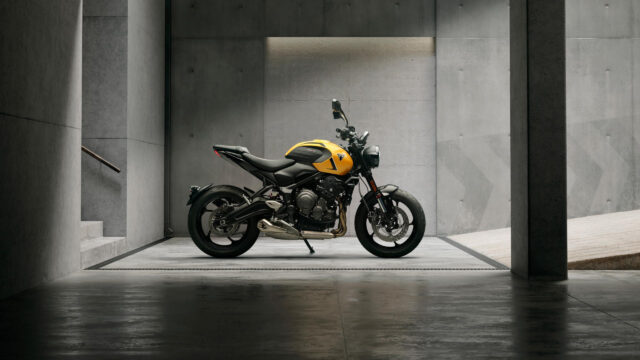 Stunning Yellow Triumph Trident 660 Motorcycle in Concrete Studio 4K Wallpaper