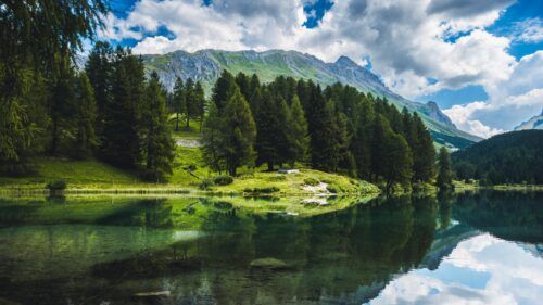 Serene Alpine Lake Reflection with Pine Forests and Majestic Mountains Desktop Wallpaper