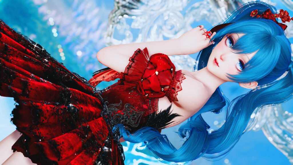 Beautiful Anime Girl with Blue Hair in Elegant Red Dress 4K Wallpaper