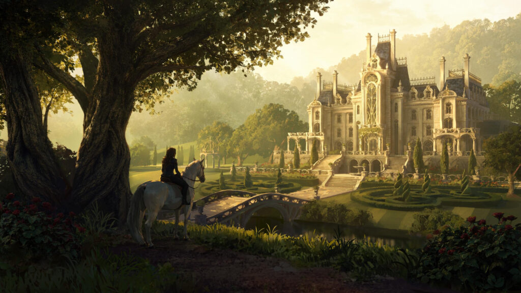 Stunning Equestrian Rider Before a Grand French Style Manor 4K Wallpaper
