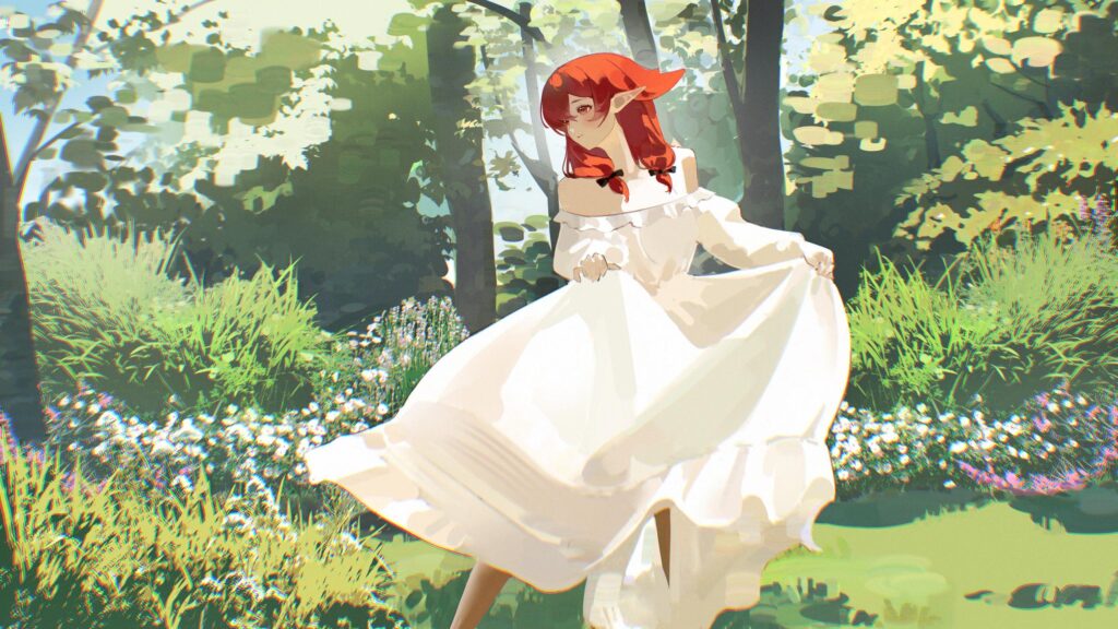 Anime Girl in White Dress Standing in a Sunlit Forest 4K Desktop Wallpaper