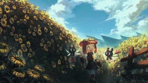 Anime Girl and Cute Sprites in Sunflower Field Desktop Wallpaper